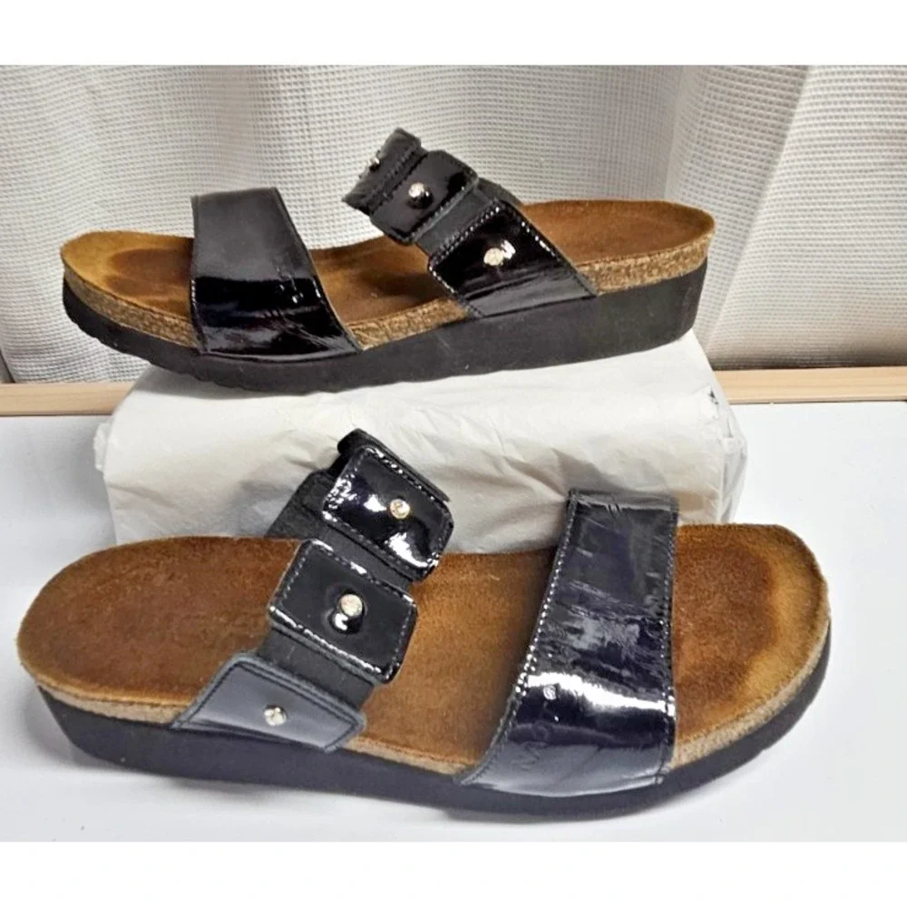 Naot Black patent leather ashley two strap rhinestones cork sandals Sz 39/L8‎